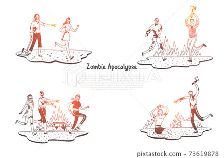 Zombie apocalypse - zombies scarying and fighting with people vector concept set 73619878