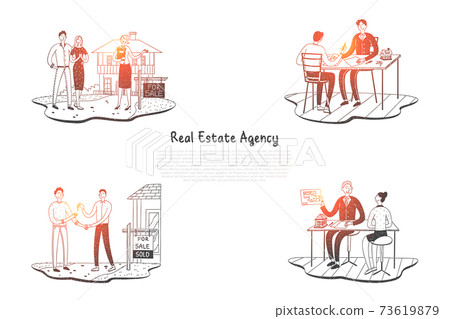 Real estate agency - people choosing apartments in agency and getting key from new property vector concept set Real estate agency - people choosing apartments in agency and getting key from new property vector concept set 73619879