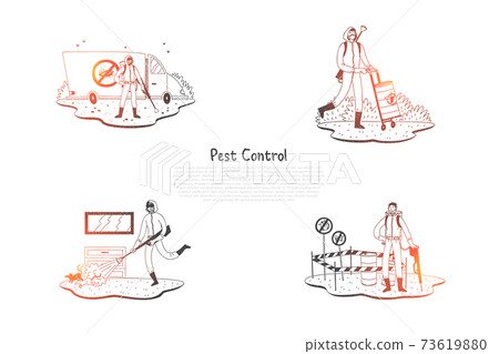 Pest control - special workers in uniform with equipment taking control of pests on nature and at home vector concept set Pest control - special workers in uniform with equipment taking control of pests on nature and at home vector concept set 73619880
