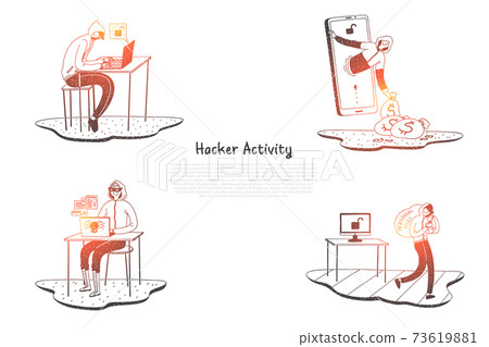 Hacker activity - hackers trying to destroy digital systems and get information vector concept set Hacker activity - hackers trying to destroy digital systems and get information vector concept set 73619881