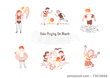 Kids playing on beach - children making figures from sand, catching butterflies, playing with ball, jumping, swimming vector concept set 73619888