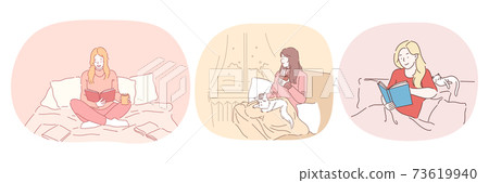 Relaxation with book at home, lazy bedding time concept 73619940