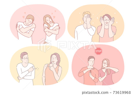 Couple expressing different emotions and signs with hands concept Couple expressing different emotions and signs with hands concept 73619968
