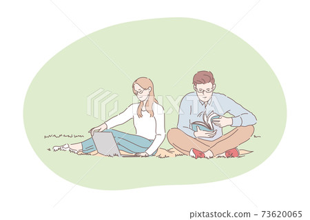 Picnic, relaxing, resting in park with book and laptop concept Picnic, relaxing, resting in park with book and laptop concept 73620065