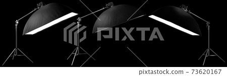 Photo studio lighting stands with flash and softbox isolated on the black. Photo studio lighting stands with flash and softbox isolated on the black. 73620167