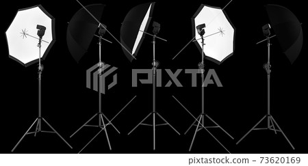 Photography studio lighting stand with speedlight and umbrella isolated on black Photography studio lighting stand with speedlight and umbrella isolated on black 73620169
