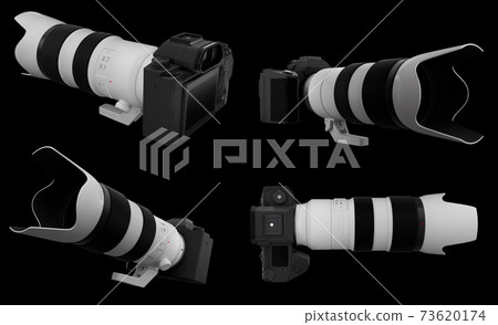 Concept of nonexistent DSLR camera with lens isolated on a black background. 73620174