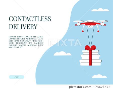 Contactless delivery of gifts by air using drones. Flight over the forest. Concept for design and advertising. Vector 73621478