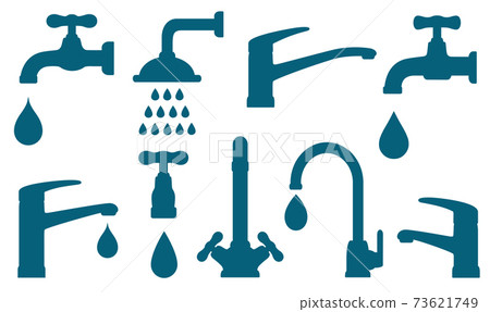 plumbing set of isolated tap shower silhouettes and water drops icon 73621749