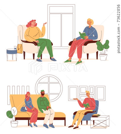 People during psychotherapist consultation session. Vector vibrant characters talking in cozy interiors 73622856