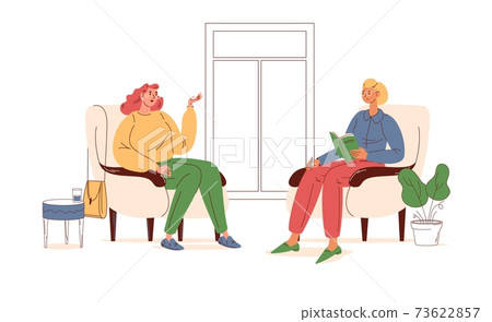 Young woman at psychotherapist session talking about problems and fears. Outline stylish interior with soft chairs and flower pots 73622857