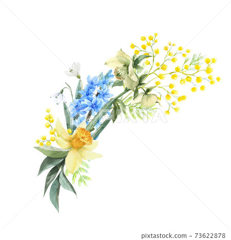 Beautiful floral wreath with watercolor hand drawn gentle summer flowers. Stock illustration. 73622878