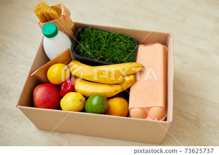 Donation box with food on the floor at home, coronavirus outbreak Donation box with food on the floor at home, coronavirus outbreak 73625737