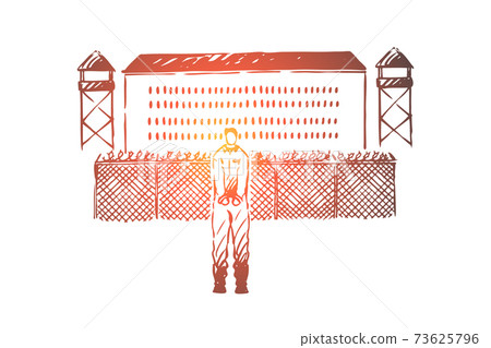 Prisoner in handcuffs standing outside jailhouse, jail break attempt, building with metal fence, watchtowers 73625796