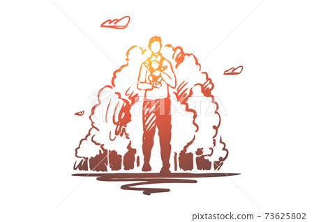 Father with toddler in front baby carrier, dad and child on outdoor stroll, man with kangaroo bag Father with toddler in front baby carrier, dad and child on outdoor stroll, man with kangaroo bag 73625802