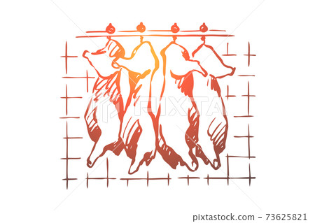 Abattoir, meat cutting, chopped pork, cattle carcasses hanging in freezer, refrigerator, raw, uncooked product Abattoir, meat cutting, chopped pork, cattle carcasses hanging in freezer, refrigerator, raw, uncooked product 73625821
