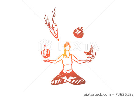 Young woman sitting in lotus pose, meditation and fitness, organic fruits and vegetables, healthy lifestyle Young woman sitting in lotus pose, meditation and fitness, organic fruits and vegetables, healthy lifestyle 73626182