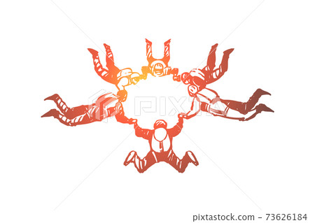 Friends parachuting, people in freefall holding hands, ring formation, exciting hobby, extreme lifestyle, thrill chase 73626184