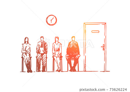 Job interview queue, men and women in formal clothes sitting in hallway, people waiting in corridor 73626224