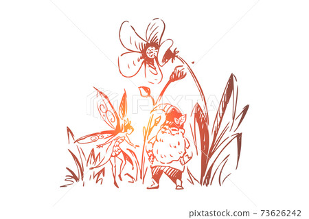 Fictional magical creatures, gnome and fairy, tiny dwarf with beard, cute pixie, imaginary fantastic heroes 73626242
