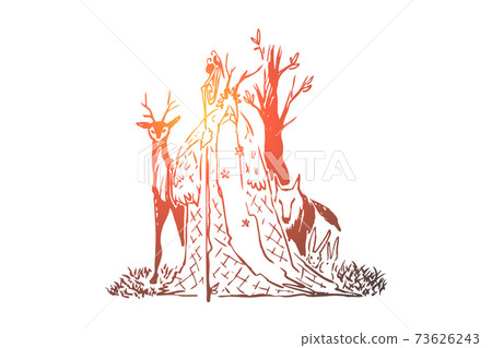Forest druid with long beard and wooden staff, old wizard, wolf and deer, wise sorcerer, magician with animals 73626243