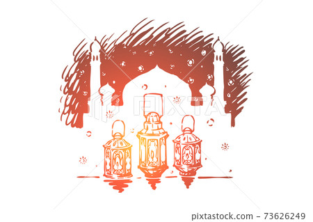 Oil lamps outside mosque, festive lanterns, arab culture and architecture, muslim religion, traditional islamic holiday 73626249
