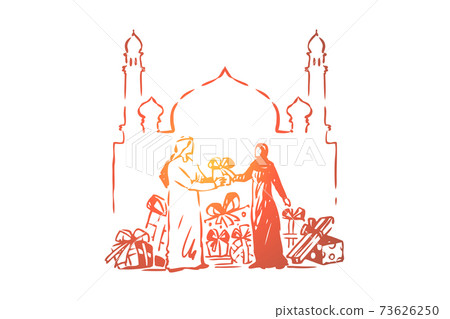 Muslim people giving gifts each other, holy islamic festival celebration, arab culture, man and woman outside mosque Muslim people giving gifts each other, holy islamic festival celebration, arab culture, man and woman outside mosque 73626250