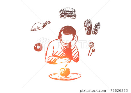 Unhappy lady dreaming about fast food, young woman looking at apple, healthy nutrition 73626253