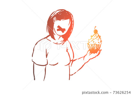 Fat lady with taped mouth, obese girl holding delicious cupcake, restriction from unhealthy food 73626254