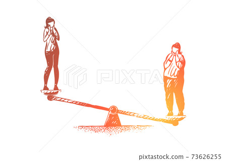 Young women on scales, fat lady overweight slim girl, weight loss motivation, surprised people 73626255