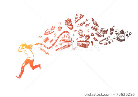 Girl running away from fast food, unhealthy products chasing young woman, healthy lifestyle, weight loss Girl running away from fast food, unhealthy products chasing young woman, healthy lifestyle, weight loss 73626256