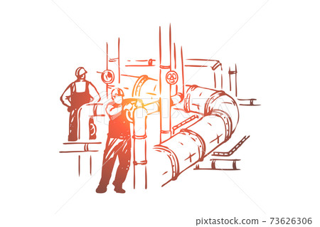 Men working on pipeline, safety check, workers in hard hats, maintenance business, petroleum refinery 73626306