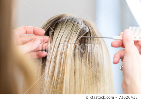 Woman getting a hairdo by hairdresser at parlor 73626415