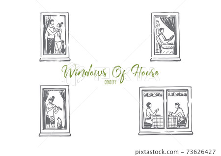 Windows of house - people dancing, reading, playing music, eating in windows of their flats vector concept set Windows of house - people dancing, reading, playing music, eating in windows of their flats vector concept set 73626427