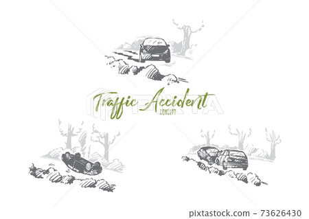 Traffic accident - broken cars at traffic accidents outdoors vector concept set 73626430