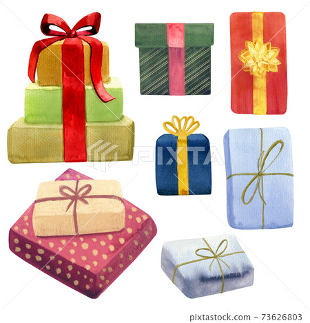Watercolor illustration of gift boxes isolated on 73626803