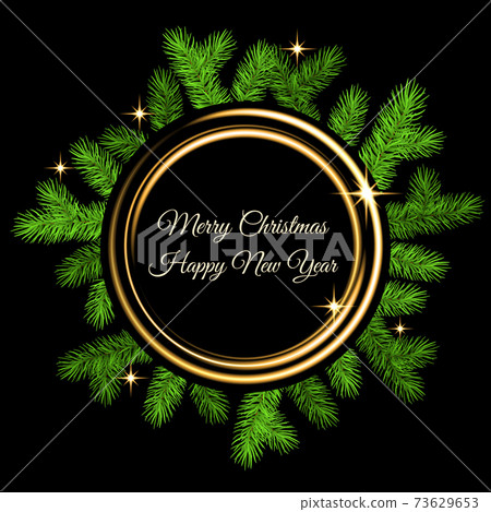 Christmas decoration with spruce branch, golden flash and gold neon circle. Christmas decoration with spruce branch, golden flash and gold neon circle. 73629653