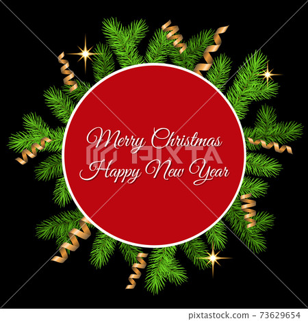 Christmas card with spruce branch, golden serpentine, flash and lettering. 73629654