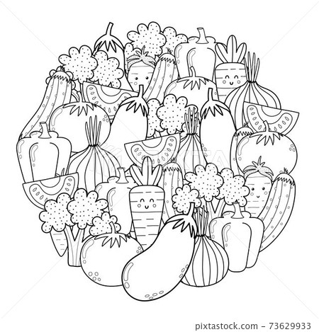 Circle shape coloring page with doodle vegetables. Eco food black and white print for coloring book 73629933