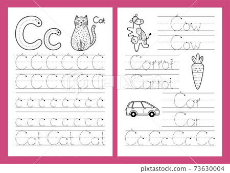 Letter C. Tracing practice worksheet set. Learning alphabet activity page 73630004