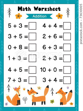 Math worksheet for kids. Addition. Mathematic activity page with cute foxes 73630005