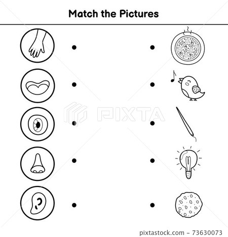 Five senses matching game for kids. Match the pictures activity page Five senses matching game for kids. Match the pictures activity page 73630073