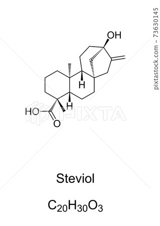 Steviol, chemical formula and skeletal structure. A diterpene, first isolated from the plant Stevia rebaudiana, used as a sweetener and as a sugar substitute. Isolated illustration over white. Vector. 73630145