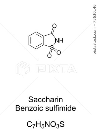 Saccharin, benzoic sulfimide, chemical formula and skeletal structure. Artificial sweetener with no food energy. Code 954. 304 to 400 times sweeter than table sugar. Illustration over white. Vector. Saccharin, benzoic sulfimide, chemical formula and skeletal structure. Artificial sweetener with no food energy. Code 954. 304 to 400 times sweeter than table sugar. Illustration over white. Vector. 73630146
