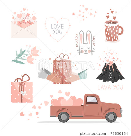 Set of cute pictures for Valentine Day. Red pickup truck with hearts, gifts, flowers, love envelope, volcano lover, and hearts constellation. Cards for a Saint Valentine Day. Vector collection Set of cute pictures for Valentine Day. Red pickup truck with hearts, gifts, flowers, love envelope, volcano lover, and hearts constellation. Cards for a Saint Valentine Day. Vector collection 73630164