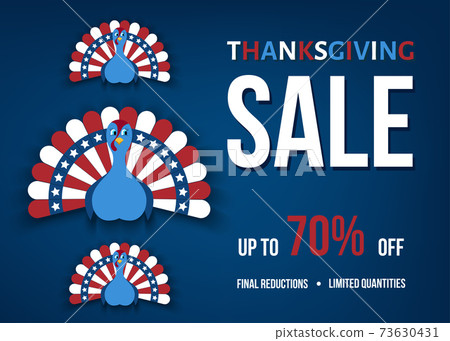 Thanksgiving day sale banner with  turkey in flat style. 73630431