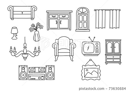 interior furniture set doodle. home decoration - Stock