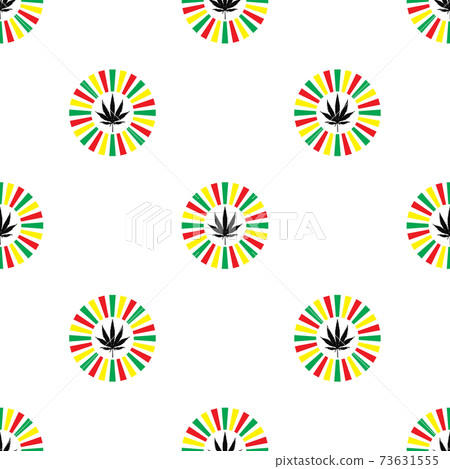 Seamless pattern with hemp. Cannabis leaf on white circle beam colorful style. Vector 73631555