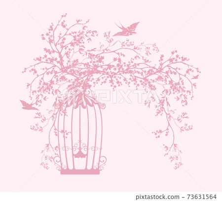spring cherry blossom branches with bird cage and flying swallows vector silhouette spring cherry blossom branches with bird cage and flying swallows vector silhouette 73631564