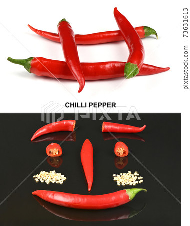 Creative layout made of red chilli peppers. Creative layout made of red chilli peppers. 73631613